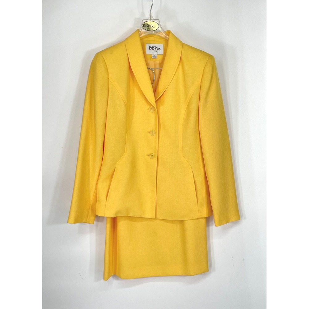 Kasper Petite Women Skirt Suit 2P Set Yellow Shawl Collar Blazer Quiet Luxury